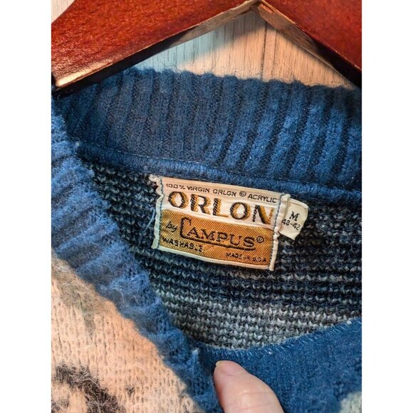 Vtg Orlon Sweater Campus Womens Medium M Blue Fair Isle Nordic Sweater - Picture 3 of 6